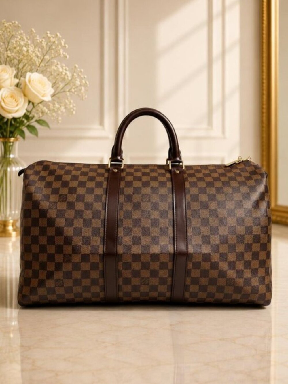 Authentic Louis Vuitton Keepall 50 Damier Ebene Canvas Travel Duffel Weekend Bag